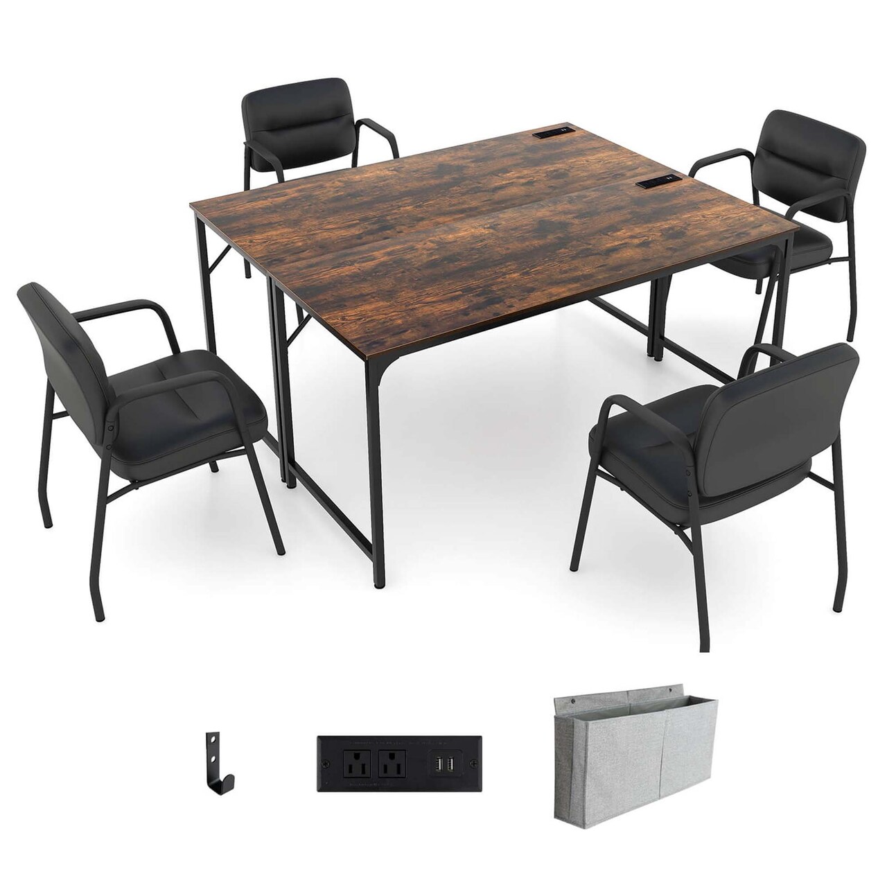 Costway Set of 2/4/6 Meeting Room Desk with Charging Station & Headphone Hook Metal Frame Brown